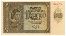 1000 KUNA INDIPENDENT STATE OF CROATIA ZAGREB 26/05/1941 qFDS