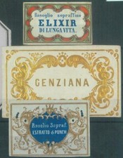 86824 - ITALY - Lot of 4 Vintage BOTTLE  LABELS - Rosolio - MEDICINE Cholera