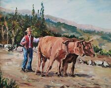 Mucche pascolo, contadino, paesaggio rurale, quadro olio originale dipinto firmato