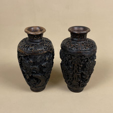 Coppia di 2 antichi vasi orientali vaso legno intagliato a mano marrone vintage decorativi