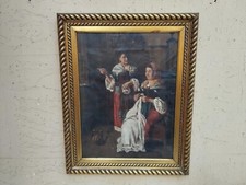 ANTICO XIX sec QUADRO DIPINTO STILE FIAMMINGO SCENA DONNE CASALINGHE + CORNICE