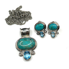 Set collana e orecchini pendenti turchese e topazio vintage argento sterling 925 NF