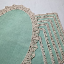 Set centrini vintage 1 ovale + 6 quadrati lino verde acqua bordo uncinetto