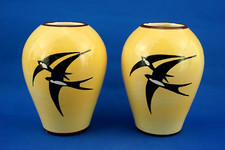 M.A.A. FAMA Ascoli Piceno Coppia Vasi ad uovo Ceramica DECO decoro rondini 1900