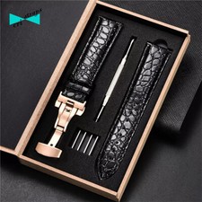 Cinturino orologio in pelle coccodrillo nero da 18 mm fibbia deployante oro rosa