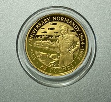 1994 Guernsey Sterlina Oro 24K Proof Gold 25 Pounds 1/4 oz 50° DD Day Normandia