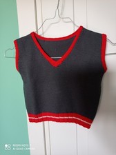 Gilet in maglia di lana, fatto a mano, 18 mesi, grigio, rosso, bianco