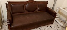 Divano Letto 1 Piazza E Mezza Antico Del 1800, Legno Mogano E Pelle Marrone.