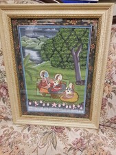 Arte Indiana Pakistana disegno su seta, cornice in vero legno dorato,