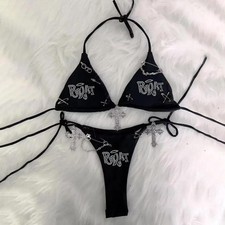 Y2K Costume da Bagno Bikini Tinta Unita con Scollo Sospeso e Costume da Bagno per Donna