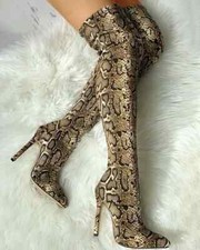 stivali ginocchio donna 11 cm beige animalier snake comodi pelle sintetica 9245