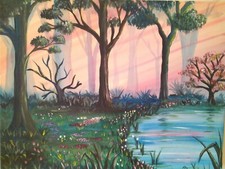 Dipinto acrilico 40x30 cm paesaggio tramonto foresta fiori painting flower