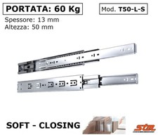COPPIA GUIDE Scorrevoli AMMORTIZZATE per CASSETTI Portata 60 kg Estraz. Totale