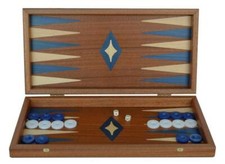 Set Backgammon Manopoulos Tradizionale Mogano 15" Fatto a Mano - Blu Bianco Chips