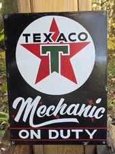 INSEGNA STAZIONE DI SERVIZIO PORCELLANA VINTAGE TEXACO MECCANICO IN SERVIZIO 12" X 16" 