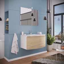 Mobile Bagno sospeso 80 cm rovere chiaro con lavabo in ceramica specchio e luce