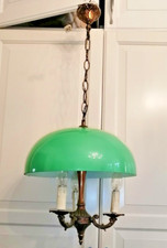 Lampadario vintage vetro verde e ottone, tre luci