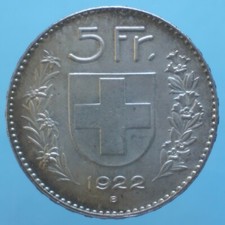 SVIZZERA 5 FRANCHI 1922 ARGENTO SILVER COIN TONED qFDC CURRENCY COLLEZIONE