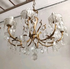 Lampadario antico spagnolo vintage in ottone cristallo 8 luci, anni 70