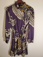 Mini abito donna satinato viola e champagne elegante motivi floreali cintura M