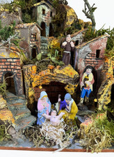 Presepe in Sughero con Luci LED e Pastori Terracotta Artigianale 25x30 cm Natale