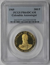 Colombia 1969 Anzoategui 300 Pesos Gold Proof PR 64 DCAM PCGS