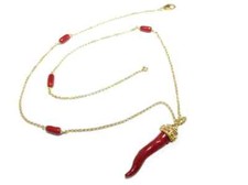 Collana in Argento 925 PL oro 18 da Donna e Uomo con Ciondolo Corno di Corallo