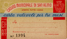 Tessera Carta Ingresso Casinò Municipale Sanremo Anni 40 Gestione CIRT Rarissima