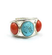 Anello donna argento da 925 regolabile e pietra in Turchese di Corallo Rosso 