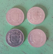 Quattro monete da 5 Franchi svizzeri (Burkhard) Anni di conio dal 1968 al 1980
