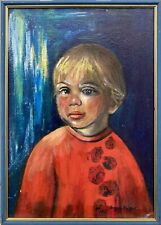 Quadro a Olio Irmgard Vollert Ritratto Bambino con Rossa Maglione 69 X 49,5 CM