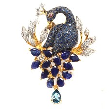 Spilla/pendente pavone argento sterling 925 zaffiro blu, topazio, rubino e zirconi