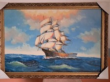 QUADRO VELIERO - DIPINTO A MANO - OLIO SU su tela - cornice oro 68X98 cm V1