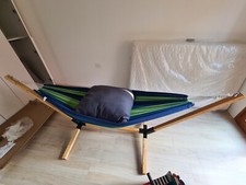 Amaca da giardino con supporto in legno nuova blu e verde