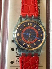 Orologio da polso SWATCH Lady GIN ROSA (LN115)-NUOVO/NOS-1991-Rosso/Blu/Pelle-Bellissimo