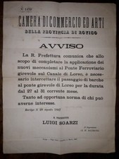 Avviso applicazione meccanismi ponte ferroviario girevole 1887 Rovigo treni