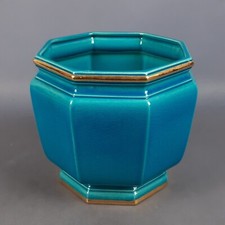 Vaso Ceramica Ottagonale Color Turchese Oro Crackle SC3 N.849 Italy Vintage 1950
