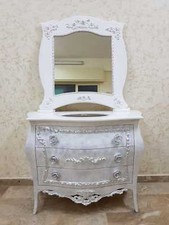 MOBILE BAGNO E SPECCHIO IN LEGNO BIANCO FOGLIA ARGENTO CON CRISTALLI E TOP MARMO