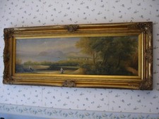 Quadro olio su tela C. Pasini 30x100 Paesaggio di campagna con lago...in foto