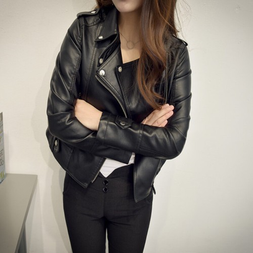 Women leatherette coat jacket - leatherette,