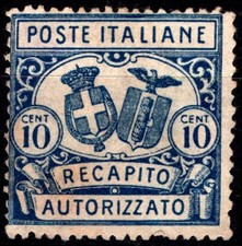 REGNO 1928 - Stemma d'Italia e fascio RECAPITO AUTORIZZATO (dent. 14 MLH)