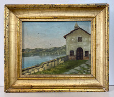 ANTICO DIPINTO OLIO TAVOLA AC ATTR Achille Cattaneo PAESAGGIO VEDUTA LAGO CHIESA