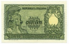 50 LIRE BIGLIETTO DI STATO ITALIA ELMATA BOLAFFI 31/12/1951 SUP