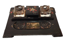set scrivania chinoiserie anni 20 Presbitero inchiostri pennini lacca nera deco'