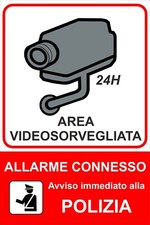 CARTELLO TARGA TARGHE AREA VIDEOSORVEGLIATA ALLARME CONNESSO Polizia 24 ore