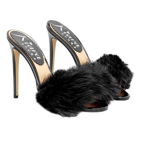 Women black patent fur heel - black,
