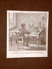 Incisione del 1875 Invenzione Telegrafo Arrivo di un telegramma sistema Morse