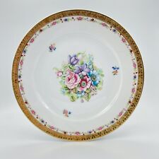 Piatto antico piano in porcellana Bavaria decorato con Fiori Rose Firmato