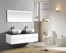MOBILE BAGNO DOPPIO LAVABO BAGNO COMPLETO PENSILE BIANCO LUCIDO 150CM RUBINETTO