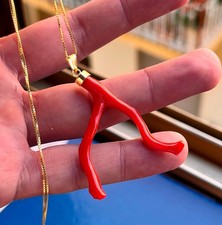 CIONDOLO VINTAGE ARGENTO 925 FOGLIA ORO CORNO ITALIANO LUNGO RAMO ROSSO CORALLO ALTALENA